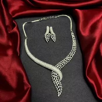 Marquise Cubic Zirconia Bridal Necklace Set, Silver Plated Choker Earrings 3