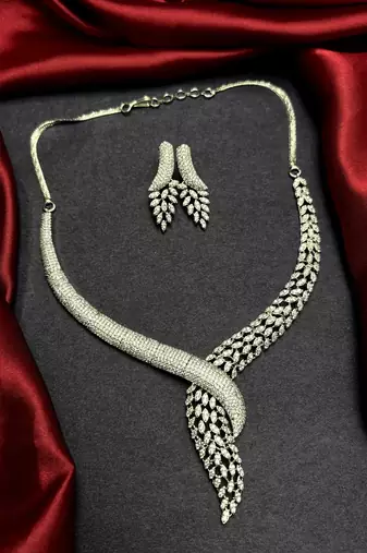 Marquise Cubic Zirconia Bridal Necklace Set, Silver Plated Choker Earrings