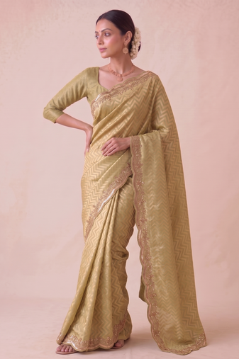 seductive moss-green embroidery work with real bits work banarasi silk blend indian saree with blouse