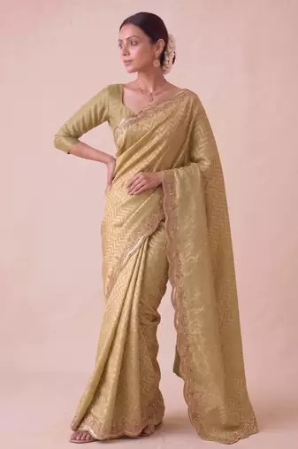 seductive moss-green embroidery work with real bits work banarasi silk blend indian saree with blouse