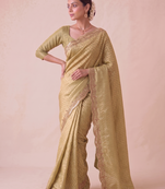 seductive moss-green embroidery work with real bits work banarasi silk blend indian saree with blouse