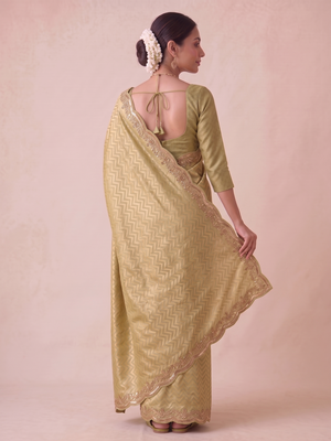 seductive moss-green embroidery work with real bits work banarasi silk blend indian saree with blouse 2