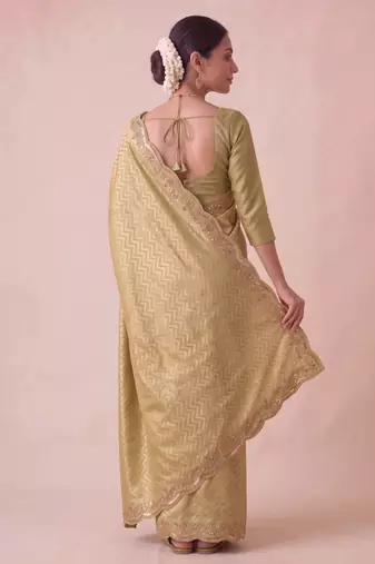 seductive moss-green embroidery work with real bits work banarasi silk blend indian saree with blouse