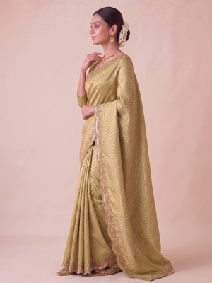 seductive moss-green embroidery work with real bits work banarasi silk blend indian saree with blouse 3
