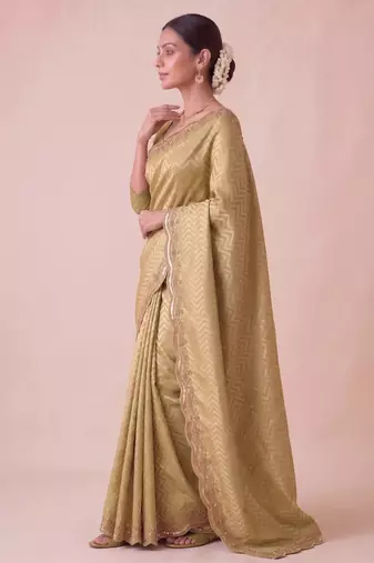 seductive moss-green embroidery work with real bits work banarasi silk blend indian saree with blouse
