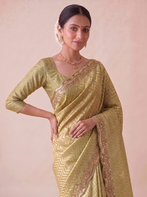 seductive moss-green embroidery work with real bits work banarasi silk blend indian saree with blouse 4