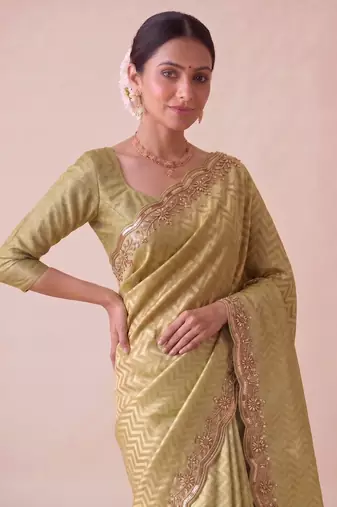 seductive moss-green embroidery work with real bits work banarasi silk blend indian saree with blouse