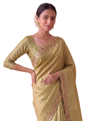 seductive moss-green embroidery work with real bits work banarasi silk blend indian saree with blouse 5