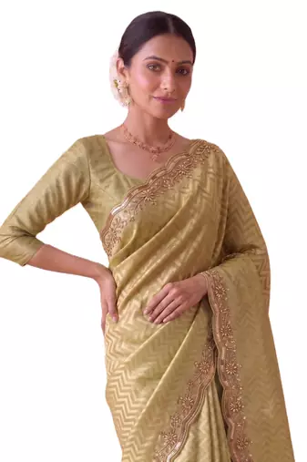 seductive moss-green embroidery work with real bits work banarasi silk blend indian saree with blouse