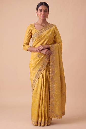 entrancing mustard yellow embroidery work with real bits work banarasi silk blend indian saree with blouse