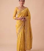entrancing mustard yellow embroidery work with real bits work banarasi silk blend indian saree with blouse