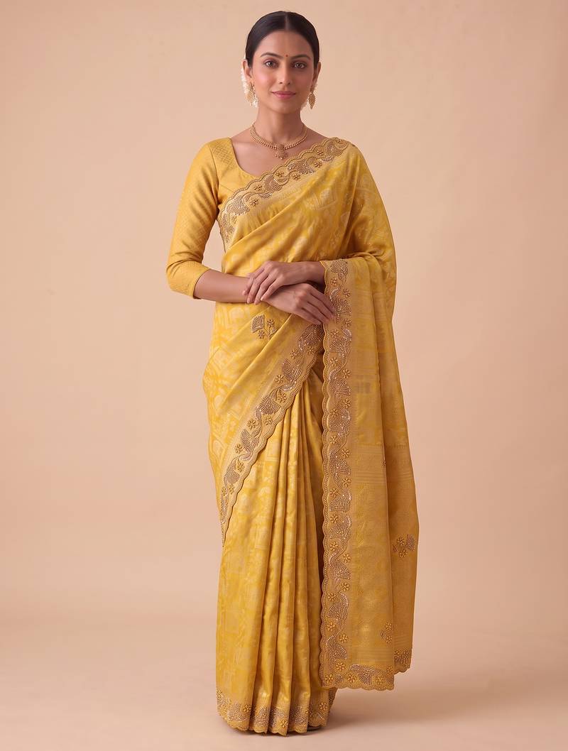 entrancing mustard yellow embroidery work with real bits work banarasi silk blend indian saree with blouse