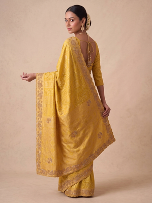 entrancing mustard yellow embroidery work with real bits work banarasi silk blend indian saree with blouse 2