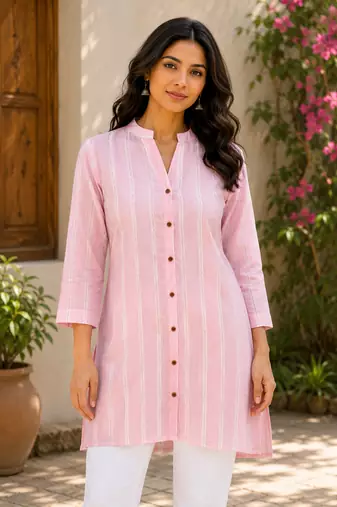 Women’s Shirt Style Tunic Top | Mandarin Collar Button-Down Top with 3/4 Sleeves | Casual Office Wear Long Top for Women