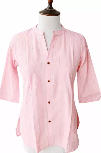 Women’s Shirt Style Tunic Top | Mandarin Collar Button-Down Top with 3/4 Sleeves | Casual Office Wear Long Top for Women