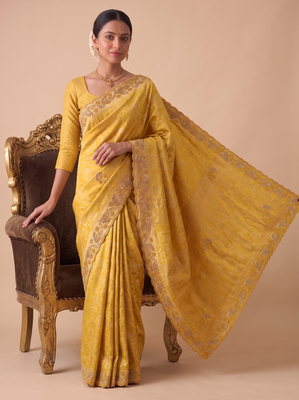 entrancing mustard yellow embroidery work with real bits work banarasi silk blend indian saree with blouse 3