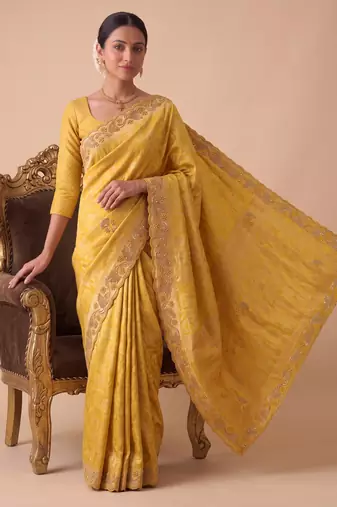 entrancing mustard yellow embroidery work with real bits work banarasi silk blend indian saree with blouse