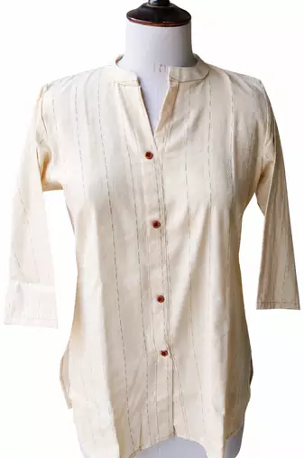 Women’s Shirt Style Tunic Top | Mandarin Collar Button-Down Top with 3/4 Sleeves | Casual Office Wear Long Top for Women