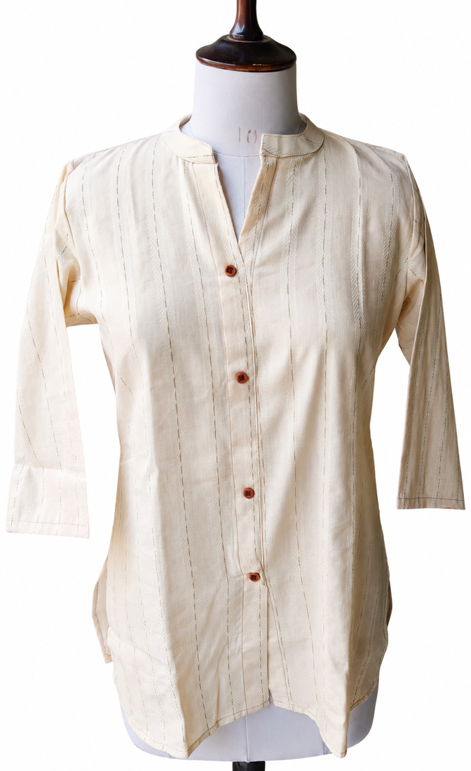 Women’s Shirt Style Tunic Top | Mandarin Collar Button-Down Top with 3/4 Sleeves | Casual Office Wear Long Top for Women