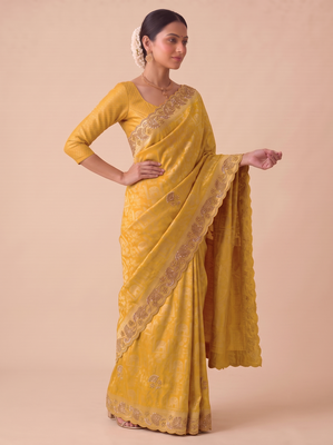 entrancing mustard yellow embroidery work with real bits work banarasi silk blend indian saree with blouse 4