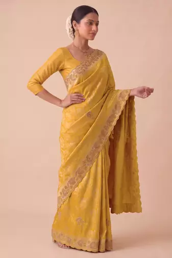 entrancing mustard yellow embroidery work with real bits work banarasi silk blend indian saree with blouse