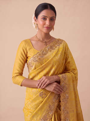 entrancing mustard yellow embroidery work with real bits work banarasi silk blend indian saree with blouse 5