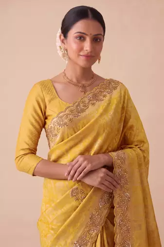 entrancing mustard yellow embroidery work with real bits work banarasi silk blend indian saree with blouse