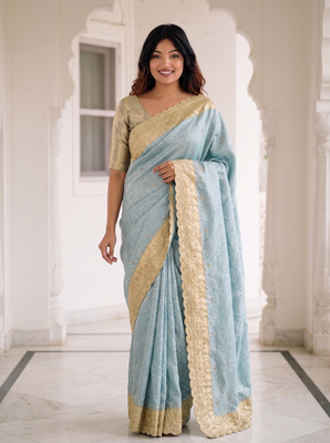 dreamy powder blue c-pallu embroidery work & cutwork arco border kanjivarm silk blend indian saree 1