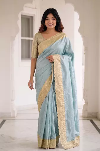 dreamy powder blue c-pallu embroidery work & cutwork arco border kanjivarm silk blend indian saree