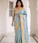 dreamy powder blue c-pallu embroidery work & cutwork arco border kanjivarm silk blend indian saree