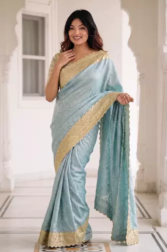 dreamy powder blue c-pallu embroidery work & cutwork arco border kanjivarm silk blend indian saree