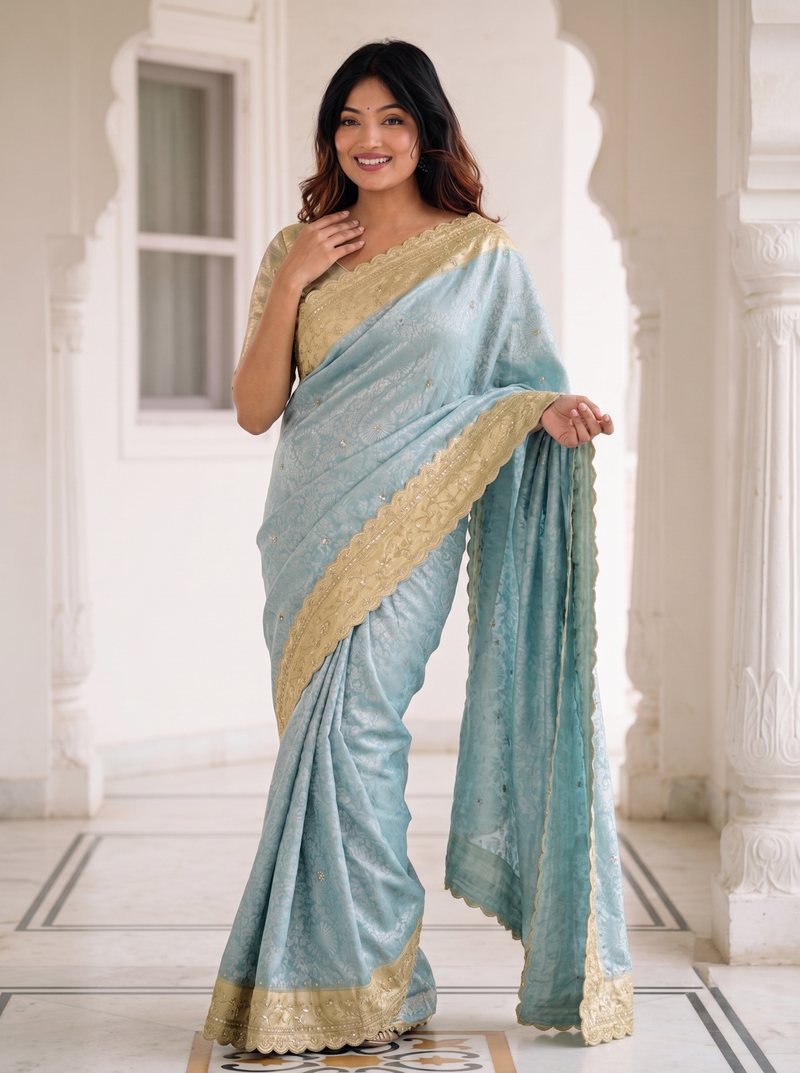 dreamy powder blue c-pallu embroidery work & cutwork arco border kanjivarm silk blend indian saree