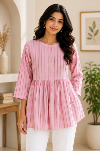 Stripes Peplum Top - Round Neck with 3/4 Sleeves