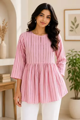 Stripes Peplum Top - Round Neck with 3/4 Sleeves