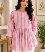 Stripes Peplum Top - Round Neck with 3/4 Sleeves