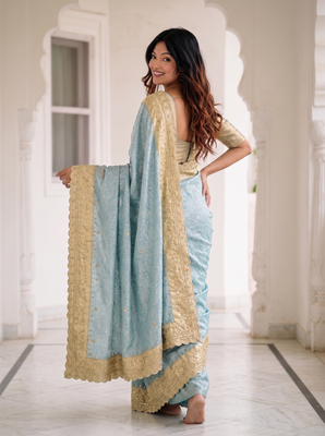 dreamy powder blue c-pallu embroidery work & cutwork arco border kanjivarm silk blend indian saree 3