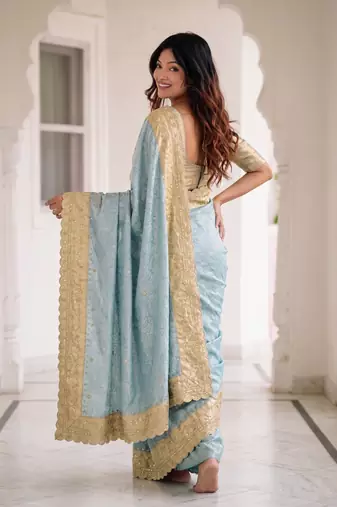 dreamy powder blue c-pallu embroidery work & cutwork arco border kanjivarm silk blend indian saree