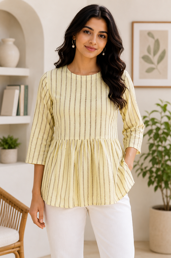 Stripes Peplum Top - Round Neck with 3/4 Sleeves