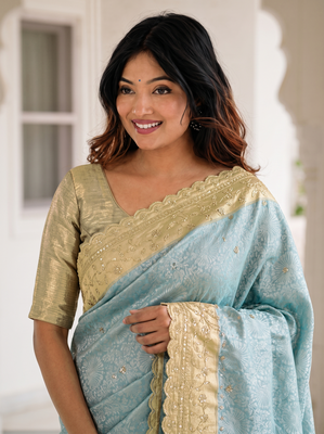dreamy powder blue c-pallu embroidery work & cutwork arco border kanjivarm silk blend indian saree 4