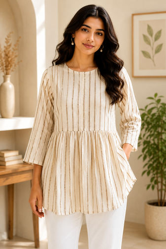 Stripes Peplum Top - Round Neck with 3/4 Sleeves