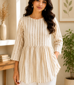 Stripes Peplum Top - Round Neck with 3/4 Sleeves
