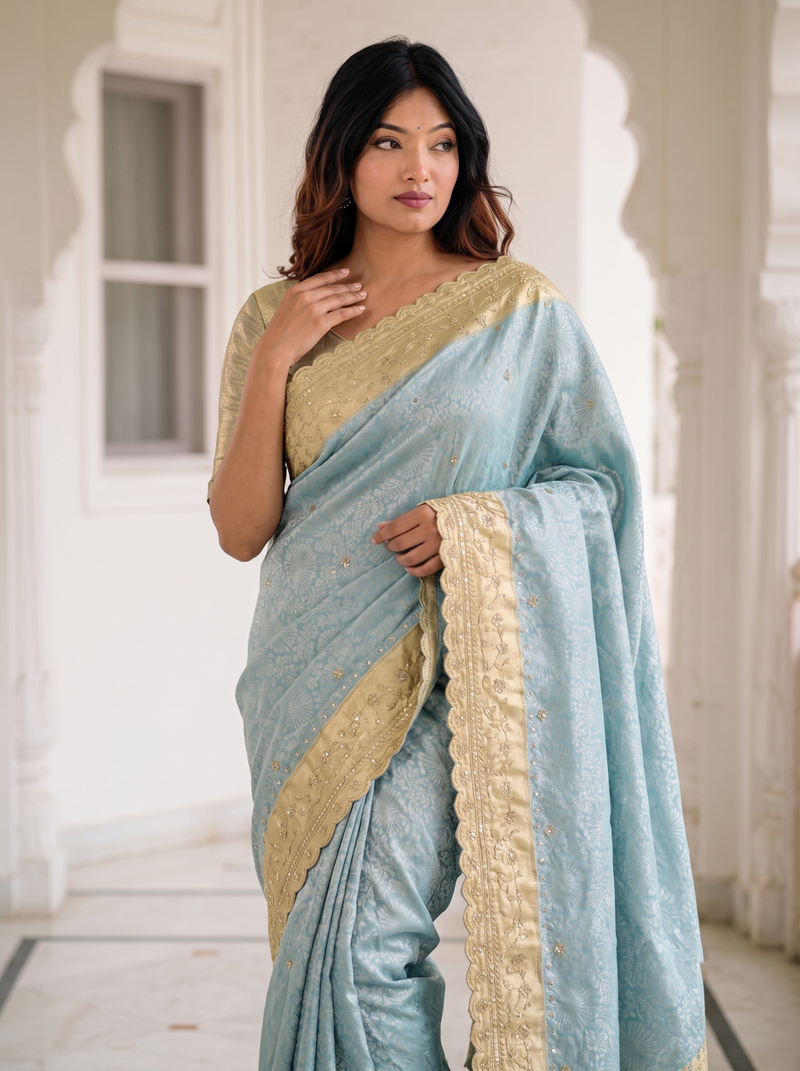 dreamy powder blue c-pallu embroidery work & cutwork arco border kanjivarm silk blend indian saree