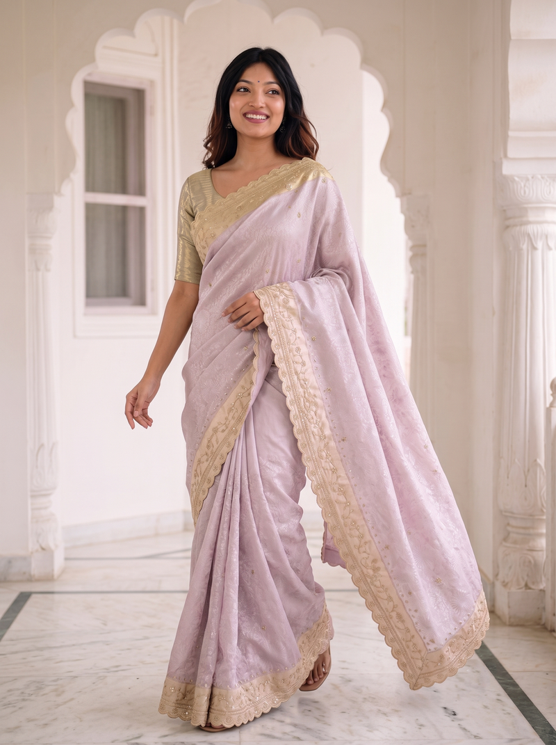 enticing pastel shades c-pallu embroidery work & cutwork arco border kanjivarm silk blend indian designer saree