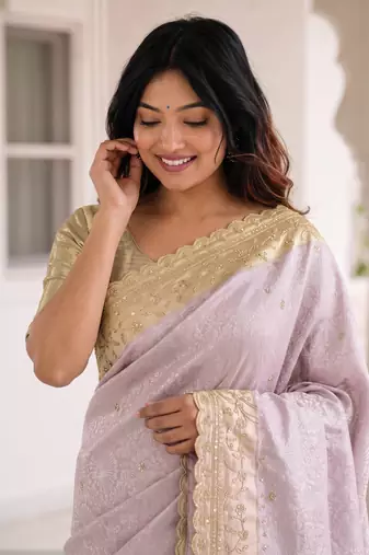 enticing pastel shades c-pallu embroidery work & cutwork arco border kanjivarm silk blend indian designer saree