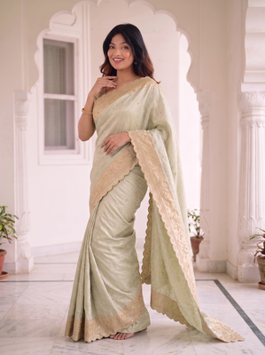 inviting mint-green c-pallu embroidery work & cutwork arco border kanjivarm silk blend indian designer wedding saree 2
