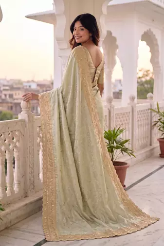 inviting mint-green c-pallu embroidery work & cutwork arco border kanjivarm silk blend indian designer wedding saree