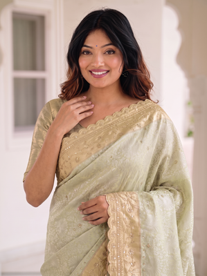 inviting mint-green c-pallu embroidery work & cutwork arco border kanjivarm silk blend indian designer wedding saree 4