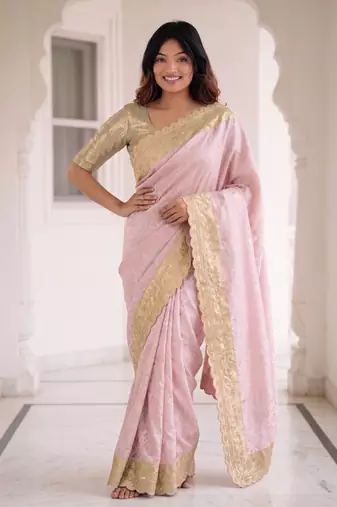 fascinating baby-pink c-pallu embroidery work & cutwork arco border kanjivarm silk blend indian designer saree