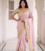 fascinating baby-pink c-pallu embroidery work & cutwork arco border kanjivarm silk blend indian designer saree