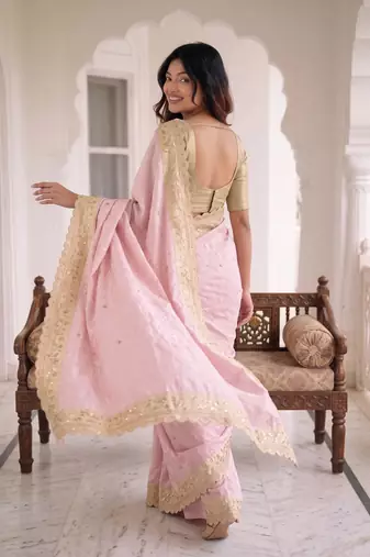 fascinating baby-pink c-pallu embroidery work & cutwork arco border kanjivarm silk blend indian designer saree